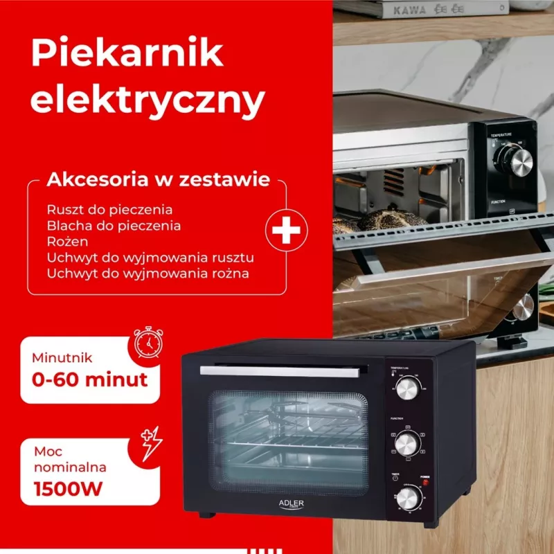 Elektryczny kompaktowy piekarnik nablatowy Adler AD 6026 — pojemność 48 L, 1800 W, wolnostojący, timer mechaniczny