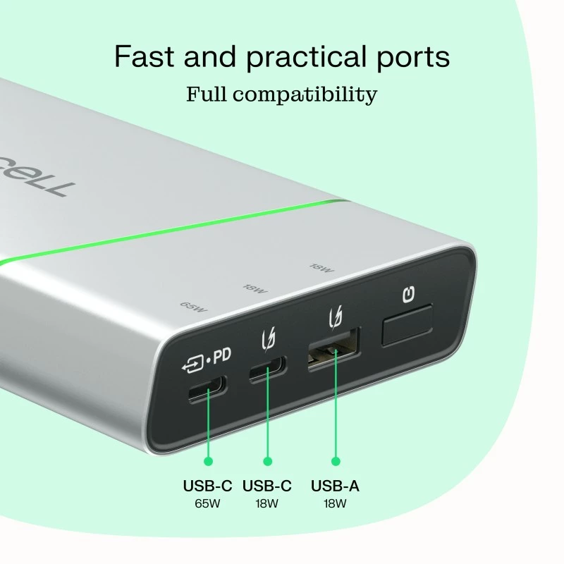 Przenośny akumulator zielony Cell BPLGC20P 20800 mAh litowo-jonowy, USB-C PD 65W, 2x USB-C + 1x USB-A, aluminiowa obudowa