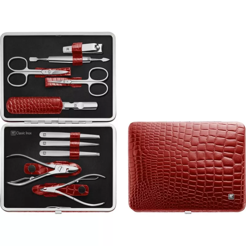 Zwilling Classic, zestaw do manicure ze stali nierdzewnej – etui skórzane, 10 szt. – czerwony