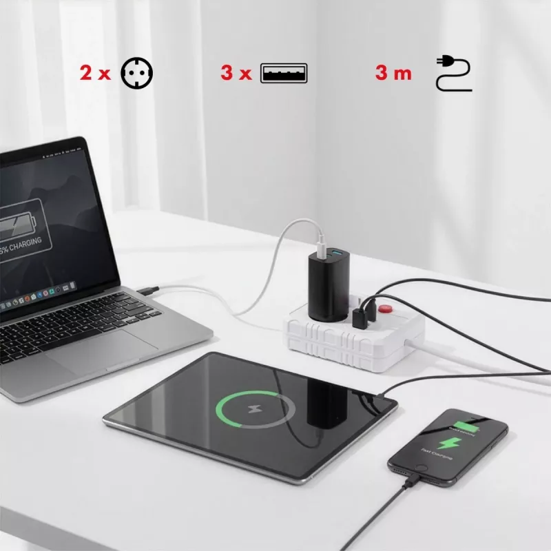 Listwa zasilająca MACLEAN MCE388 W — 2 gniazda, 3×USB, 110–240V, 2500W, kabel 3 m, biała