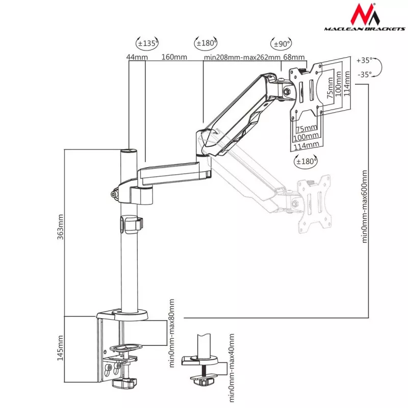 Uchwyt biurkowy do monitora MACLEAN MC-775 do ekranów 32 cale (81,3 cm), VESA 75x75–100x100, do 8 kg, szary