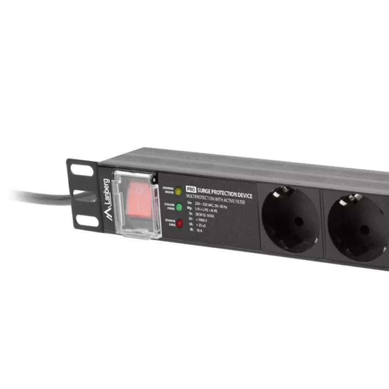 Listwa zasilająca LANBERG PDU-PRO-07F-0200-BK — listwa PDU 1U do szaf rack, 7 gniazd typu F, 16 A, kabel 2 m, czarna