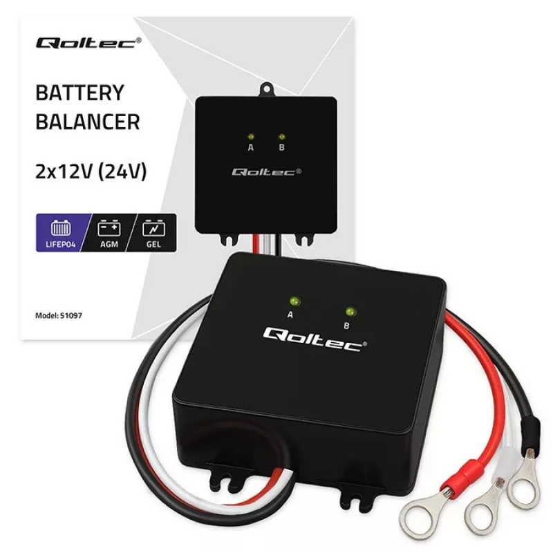 Balanser napięcia akumulatorów QOLTEC 51097 do akumulatorów 24V (2×12V), prąd równoważenia 5A
