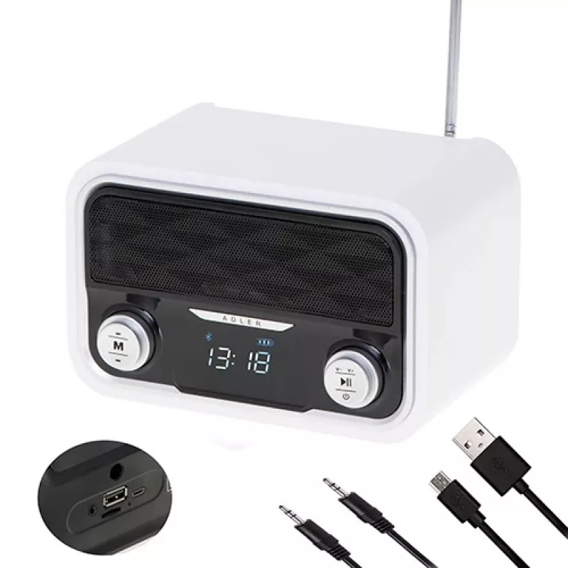 Przenośne radio Adler AD 1185 — FM, Bluetooth 4.0, MP3, karta SD, AUX, bateria 1800 mAh, wyświetlacz LCD, ładowanie micro-USB