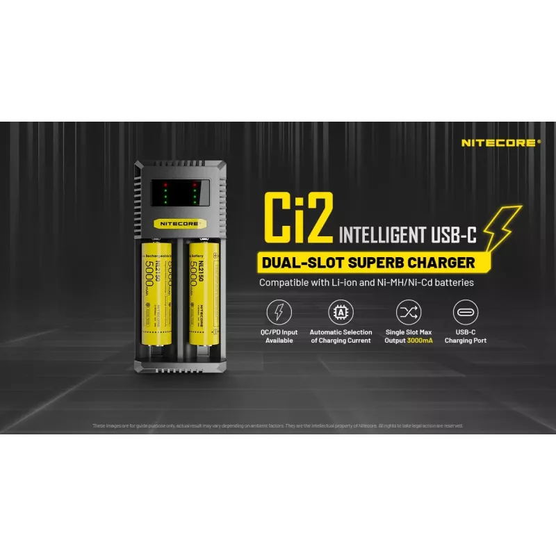 Ładowarka do akumulatorów Nitecore Ci12 Uniwersalna ładowarka USB do Li-Ion, NiCd, NiMH, wejście 3A 5/9/12V, obudowa z tworzywa sztucznego
