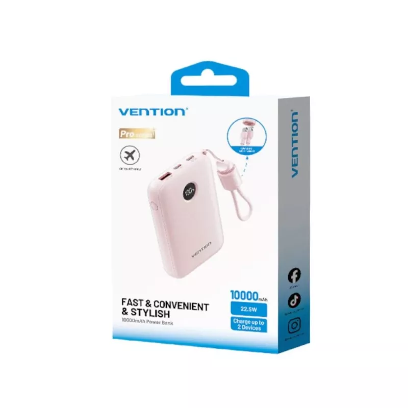 Power bank Vention FKAP0-C 10000 mAh, 2× USB-C + 1× USB-A, 22.5 W, Różowy