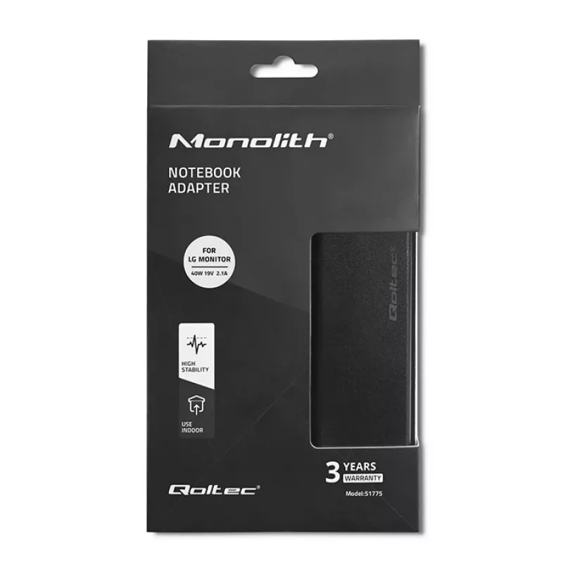 Zasilacz QOLTEC 51775 40W 19V 2,1A do monitorów, czarny, kabel 1,75 m