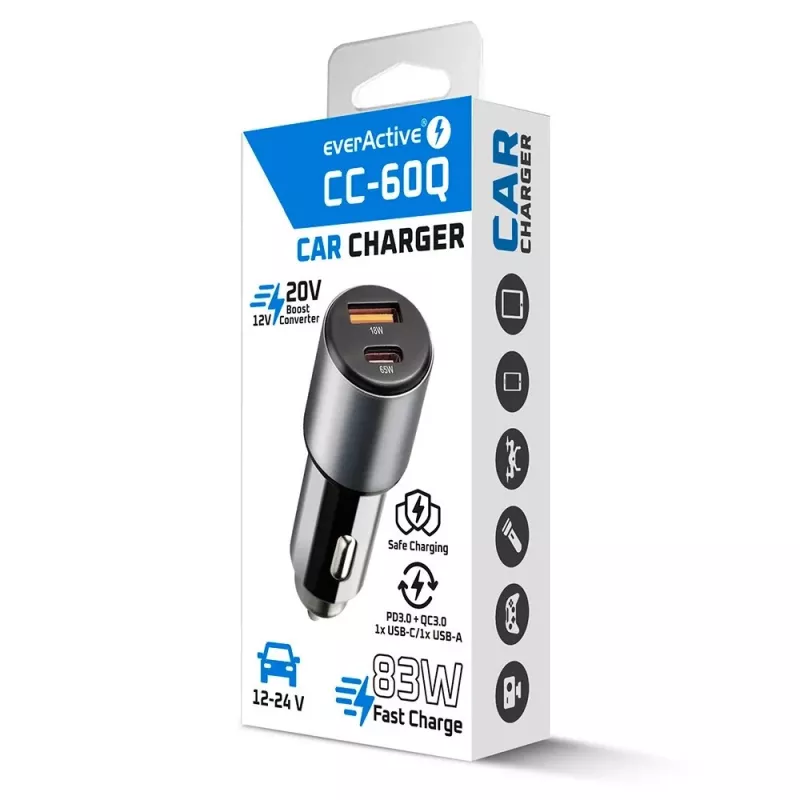 Car charger everActive CC-60Q, QC3.0, do 83 W, USB ładowarka samochodowa