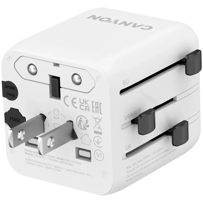 Adapter podróżny CANYON OnTour One EU UK US AUS Biały (CNS-TA1005W) - uniwersalna konwersja wtyczek dla gniazdek EU/UK/US/AUS