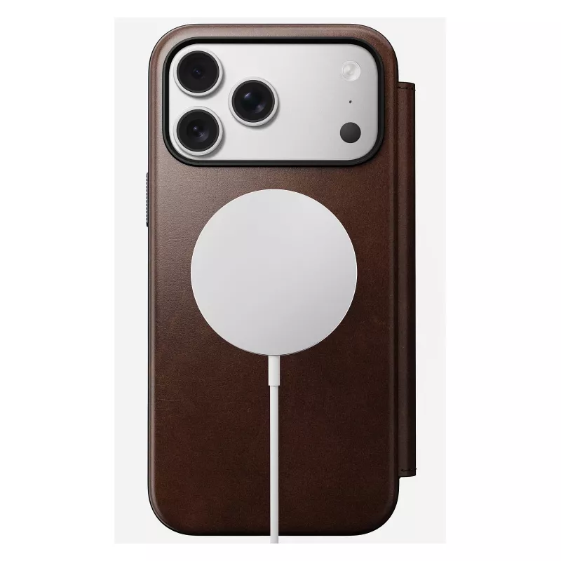 Nomad Modern Leather Folio etui na telefon komórkowy Pokrowiec dla iPhone 17 Pro Max — Brązowy, skóra, ekran 6,3 cala, 4 kieszenie na karty