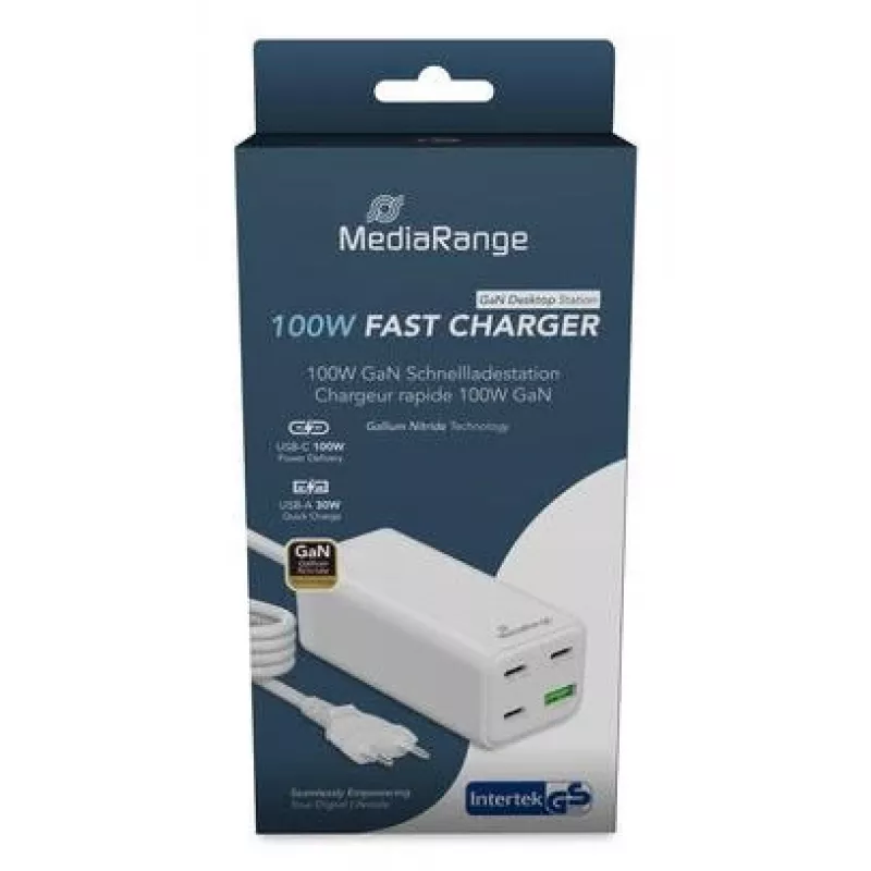 Ładowarka sieciowa MediaRange MRMA124 100 W AC, 3x USB-C, wejście 100–240 V, kabel 1,5 m, biała