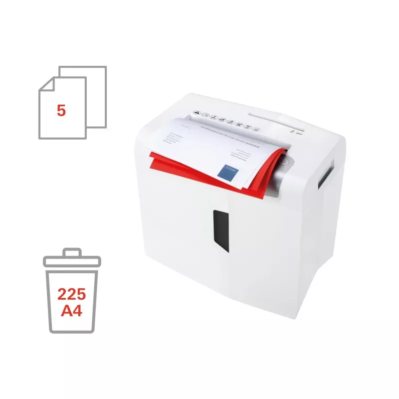 Niszczarka papieru HSM X5 cięcie cząsteczkowe P-4, szerokość robocza 22 cm, cząstki 4,5 mm, pojemność 5 arkuszy, kosz 18 l