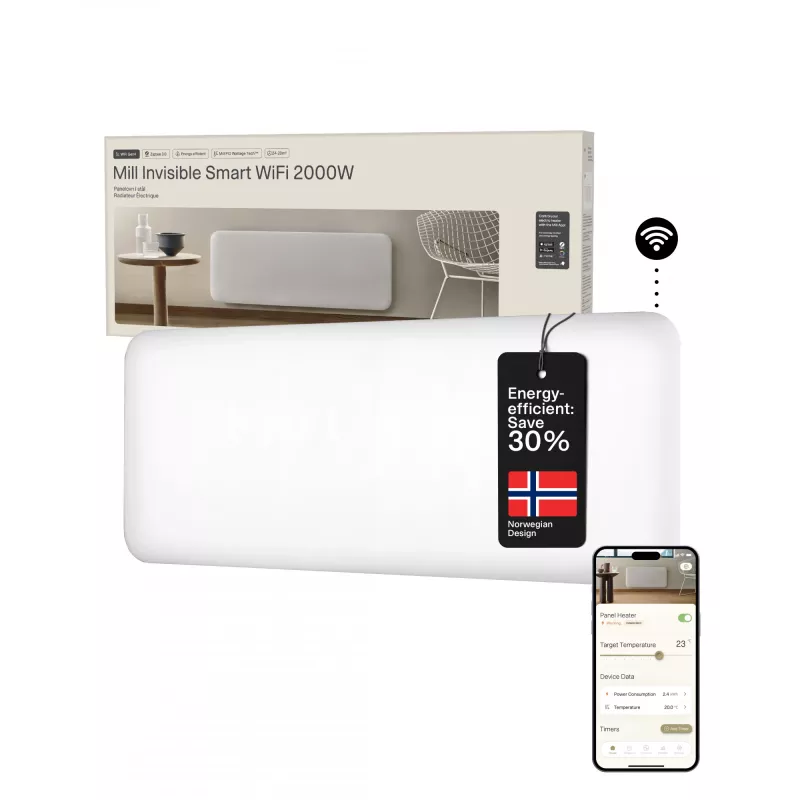 Mill Invisible Smart WiFi Heater | PA2000WIFI4 | Panel Heater | 2000 W | Do pomieszczeń do 24-28 m² | Biały | IPX4
