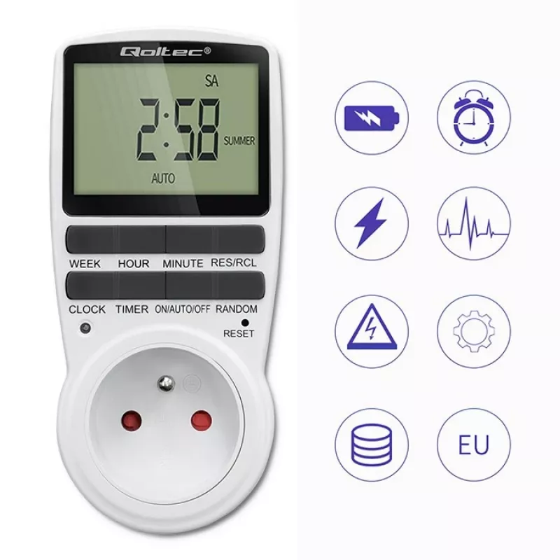 Elektroniczny timer QOLTEC PC0628 z wyświetlaczem LCD, odliczanie 24-godzinne
