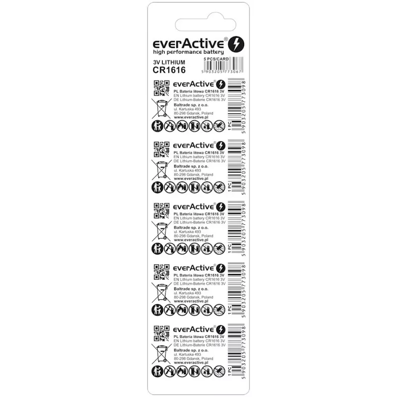 Bateria pastylkowa everActive CR1616 3V, 50 mAh, 16 mm — opakowanie 5 szt.