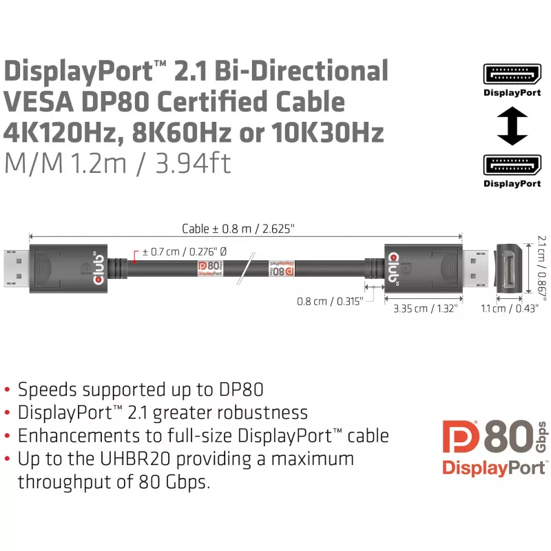 Kabel CLUB3D DisplayPort 2.1 Dwukierunkowy z certyfikatem VESA DP80 4K240Hz, 8K60Hz lub 10K30Hz M/M 1,2m/3,94ft