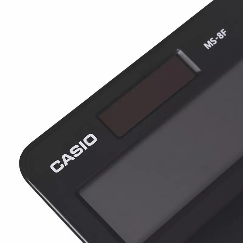 Podstawowy kalkulator biurkowy CASIO MS-8F – 8-cyfrowy, bateria/słoneczny, 26 klawiszy, funkcje walutowe i podatkowe, obliczanie zysku, czarny