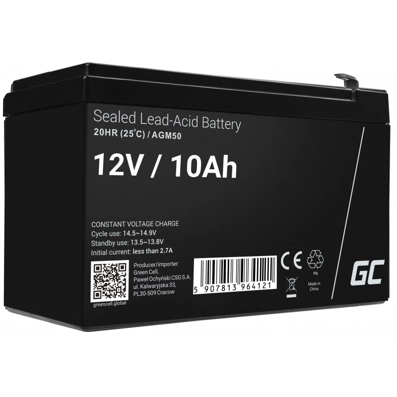 Akumulator UPS zielony Cell AGM50 12 V 10 Ah VRLA AGM, 65×151×95 mm, 2,45 kg, czarny
