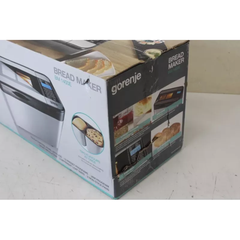 Wypiekacz do chleba Gorenje BM1400E — 815 W, 12 programów, LCD, stal nierdzewna, bochenek 1400 g, podwójna forma do pieczenia