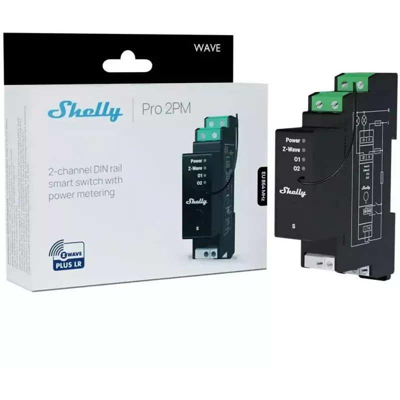 Shelly Wave Pro 2PM LR dwukanałowy sterownik Z-Wave na szynę DIN