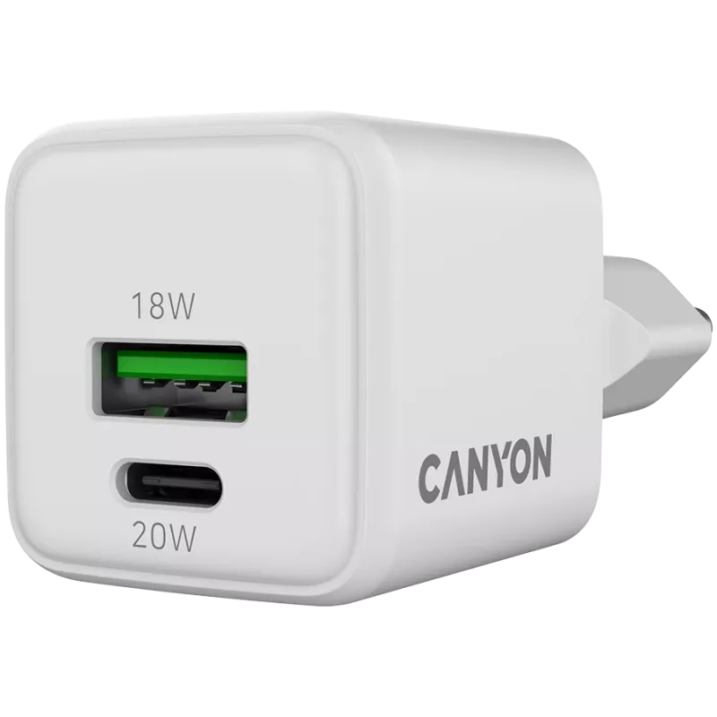 Ładowarka Canyon Charger CU20AC GaN 20W PD, 2-porty (USB-A/USB-C) biała detal (CNS-CUW20AC)