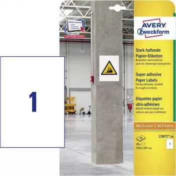 AVERY Zweckform Stark haftende Papier-Etiketten, 210 x 297mm weiß, auch für schwierige Oberflächen, für den Innenbereich - 1 Stück (L7877-20)