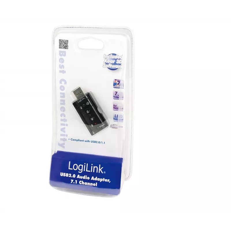 Zewnętrzna karta dźwiękowa USB LOGILINK UA0078, 7.1-kanałowa, interfejs USB, kompaktowa 124×194×34 mm, 80 g