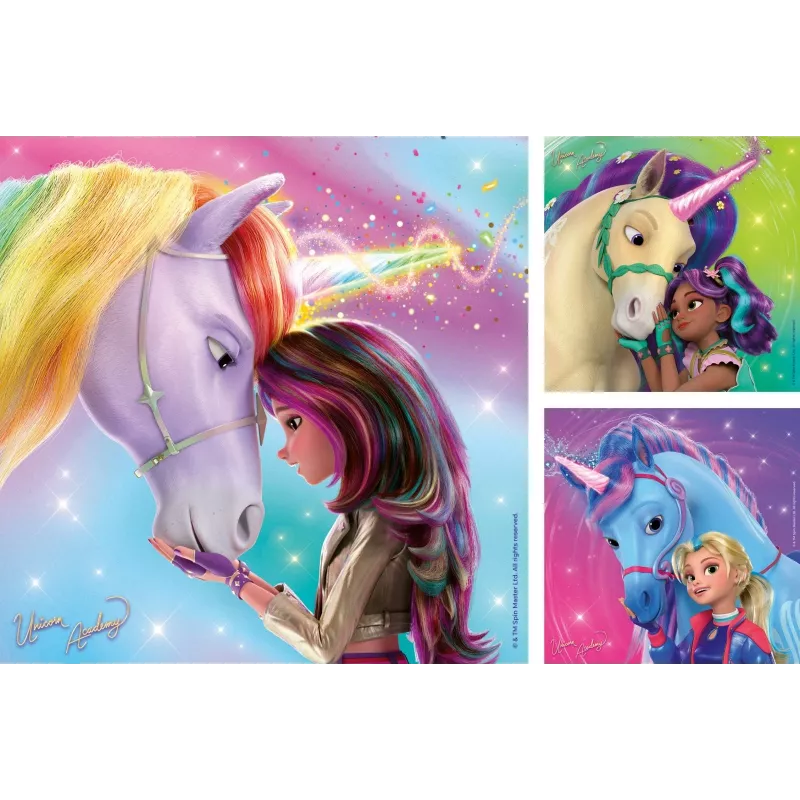 Zestaw puzzli Ravensburger Unicorn Academy — 3 x 49 elementów, dla dzieci