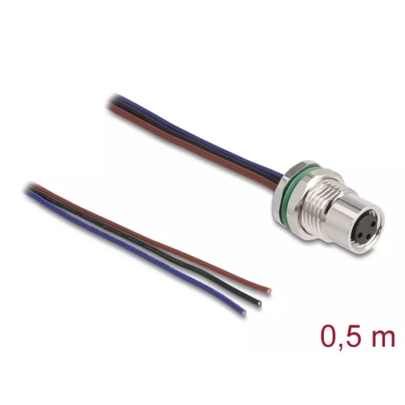 DeLOCK kabel do montażu panelowego M8, kodowanie A, 3-pinowy, żeński, 0,5 m