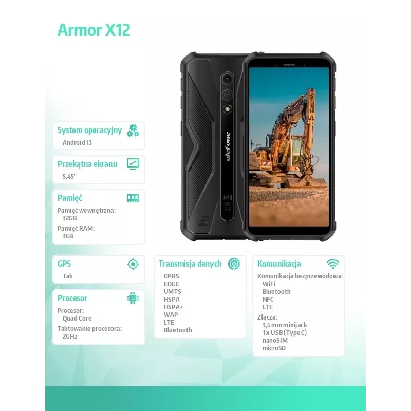 Smartfon wytrzymały UleFone Armor X12 — 3GB RAM, 32GB pamięci, All Black