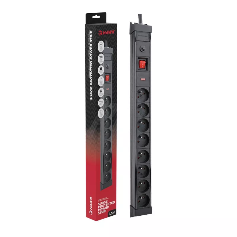 Listwa przeciwprzepięciowa Hawk HWPS801BK z kablem zasilającym 1,5 m, model HWPS801BK