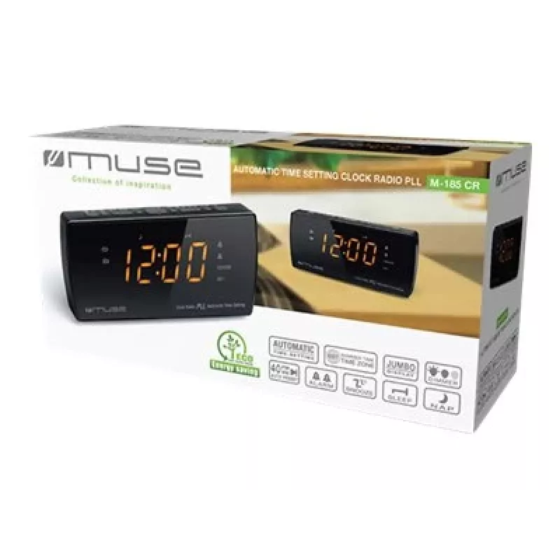 Zegar radiowy Muse M-185 CR — FM/MW, wyświetlacz LED 0,9 cala, zasilanie AC 230V z podtrzymaniem bateryjnym AAA, czarny