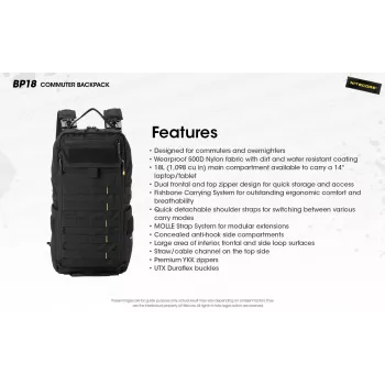 Plecak podróżny Nitecore BP18 — czarny nylon/poliester, 240×160×470 mm