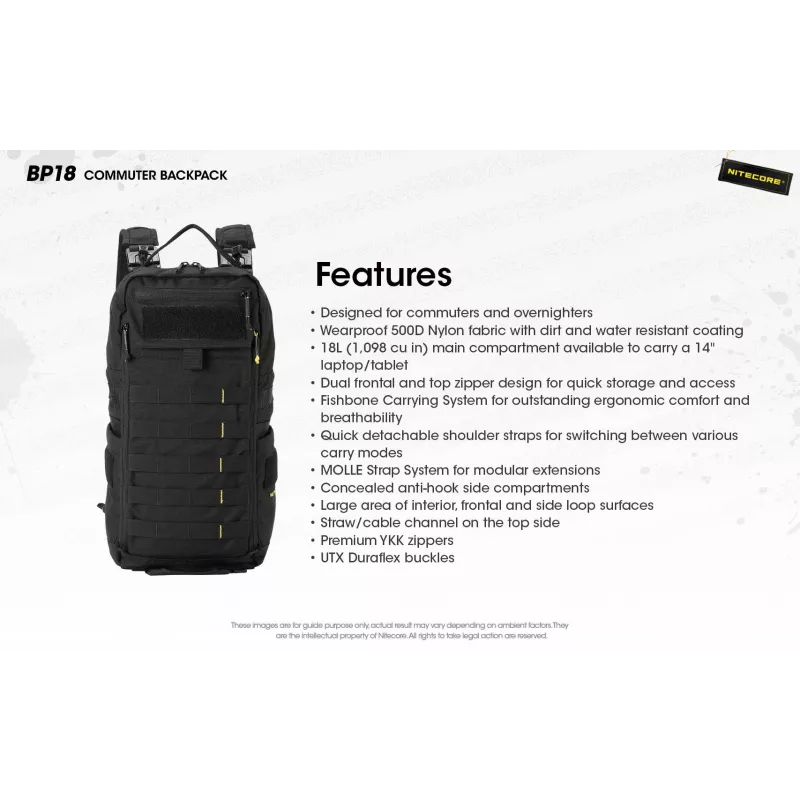 Plecak podróżny Nitecore BP18 — czarny nylon/poliester, 240×160×470 mm