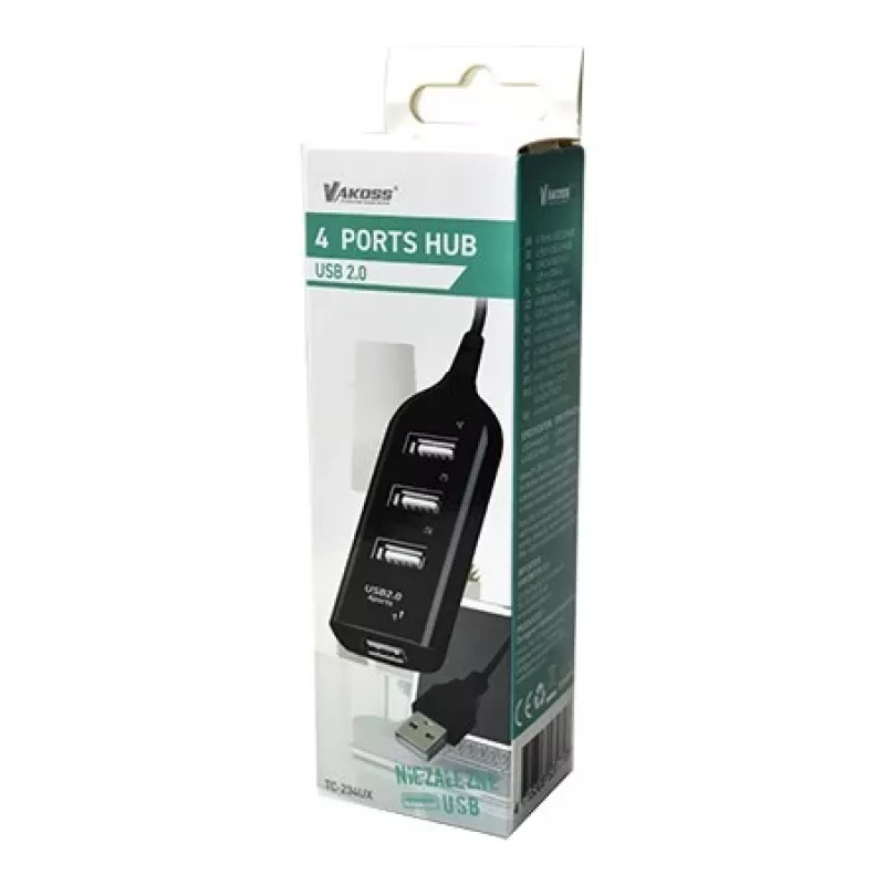VAKOSS hub USB TC-234UX — 4-portowy hub USB 2.0, zasilanie DC (5V, 1A), czarny