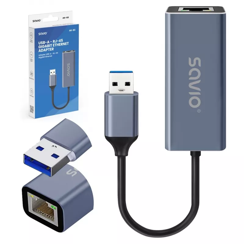 Karta sieciowa SAVIO AK-83 USB-A na RJ-45 męski, 5 Gbit/s, czarna