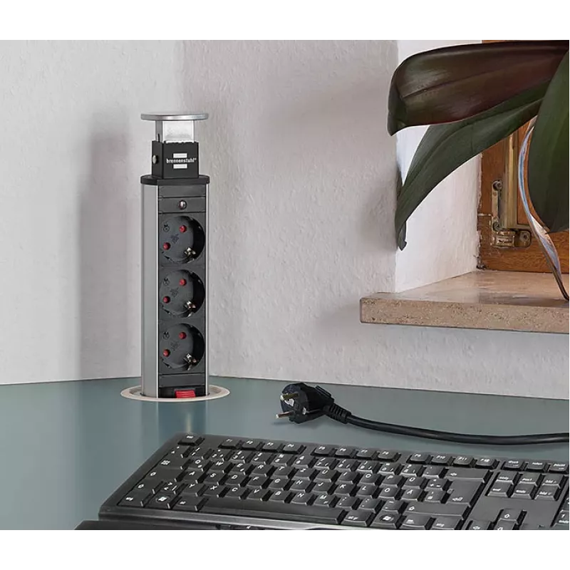 Brennenstuhl Tower Power Table Extension Socket - Przedłużacz - 3 gniazda wyjściowe - 2,0m - Czarny, Aluminium (1396200003)