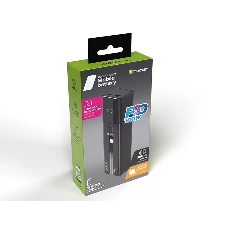 Przenośny powerbank TRACER Quant 10000 mAh Li-Ion, PD i QC3.0, 3 porty (2×USB-C, 1×USB-A), 100W, czarny