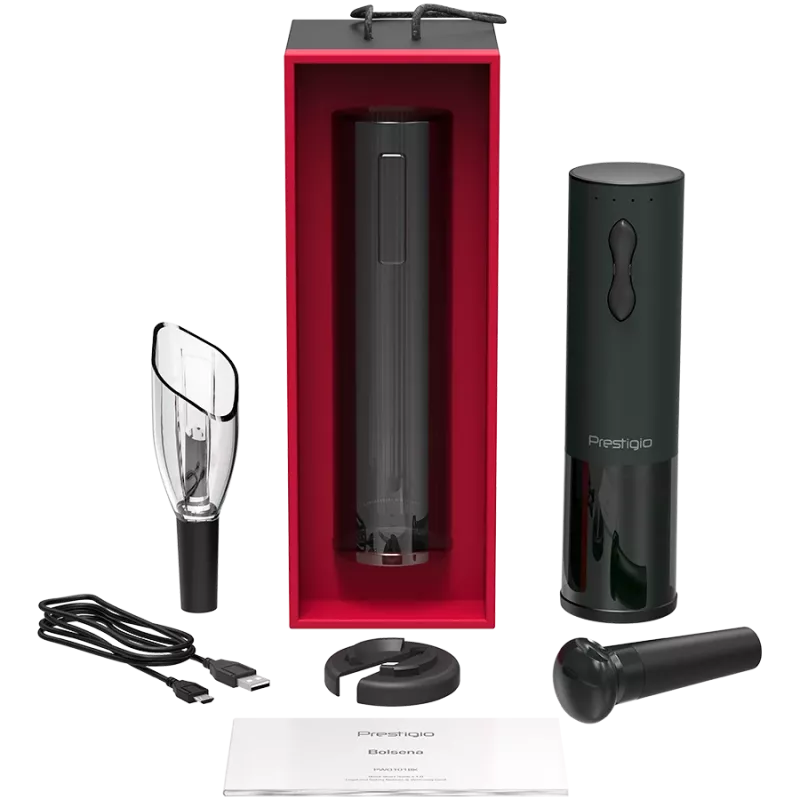 Bolsena, elektryczny otwieracz do wina z logo Prestigio, aerator, próżniowy konserwator, kolor czarny