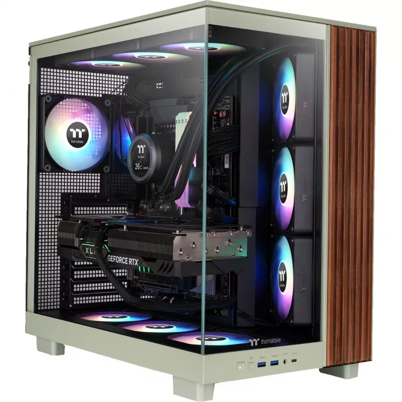 View 380 XL WS ARGB, obudowa wieżowa Light Green/Wood, 2x hartowane szkło, tekstura drewna