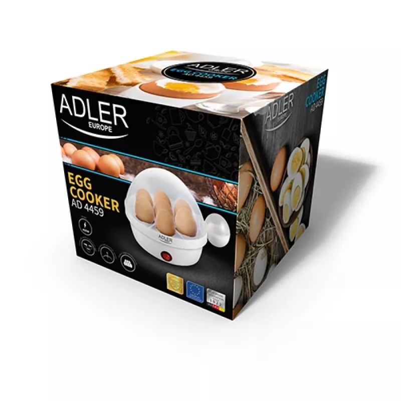 Jajowar Adler AD 4459 — pojemność na 7 jaj, 450 W, biały, sterowanie przyciskiem, alarm gotowości