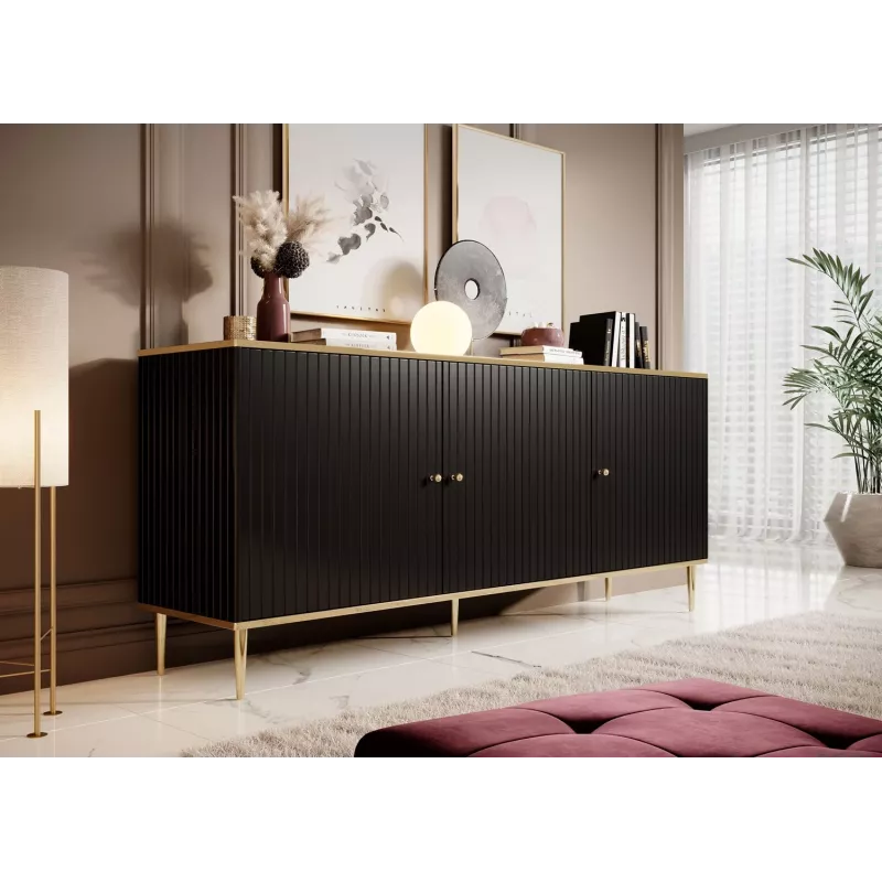 Komoda GLAMOUR 180x40x75,5 cm, czarna matowa + złoto