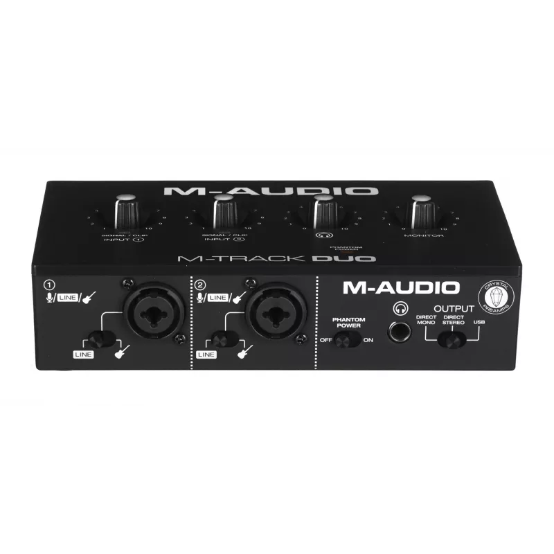 Interfejs audio M-Audio M-Track Duo — USB 2 we/2 wy, 16-bit/48 kHz, 1x combo XLR/TS, 1x wejście instrumentalne, phantom 48V