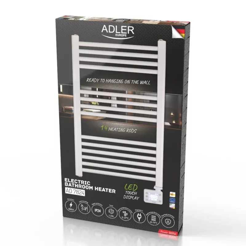 Elektryczny grzejnik łazienkowy Adler AD 7824 600 W, biały, IP24, do montażu na ścianie, 500×900 mm