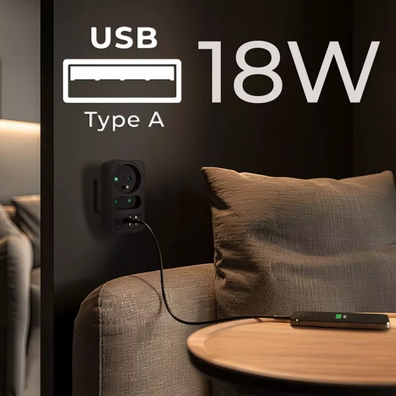 Rozgałęźnik zasilania MACLEAN MCE249 F/B — 2 gniazda AC (16A + 6A) z 2×USB-A i 2×USB-C PD 20W, wtyk EU, czarny