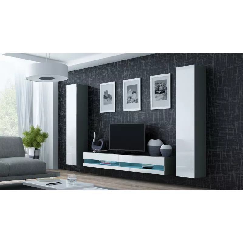 Stolik pod TV Cama Meble VIGO NEW 30/140/40 — 1400×400×300 mm, szary blat, płyta wiórowa, szara rama, białe fronty na wysoki połysk