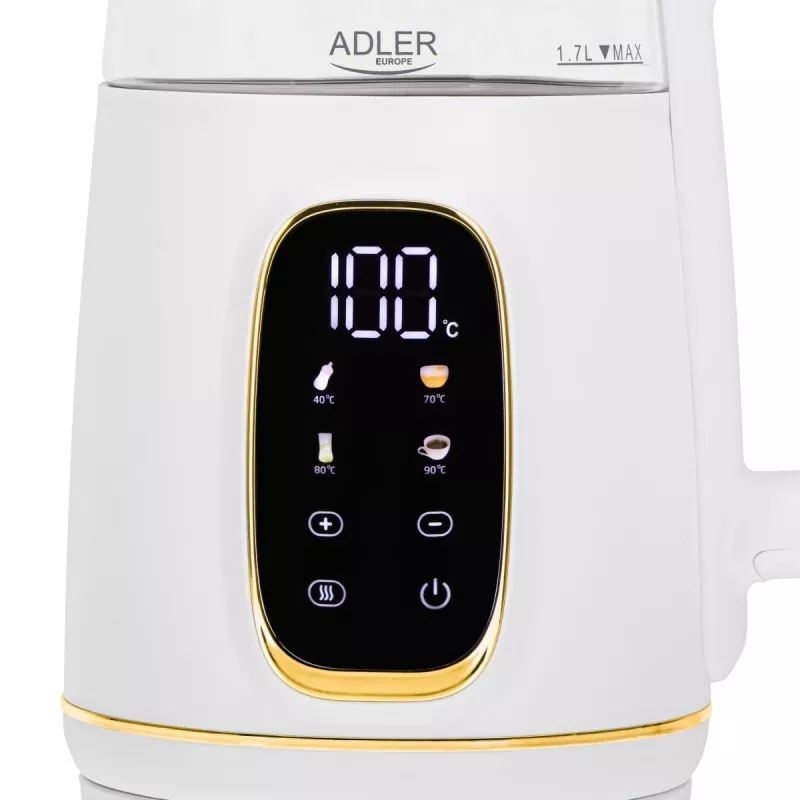 Czajnik elektryczny Adler AD 1305WG — 1,7 l, 2200 W, szkło/tworzywo sztuczne, biały/złoty/przezroczysty