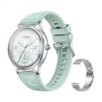 Smartwatch Colmi L28 — srebrno-zielona koperta ze srebrną stalową bransoletą