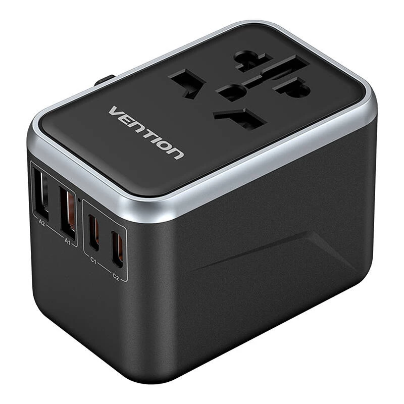 Adapter podróżny Vention FJFB0 65W — 2× USB-C PD/PPS, 2× USB-A (QC/BC), wyjście HDMI, aluminium/czarny