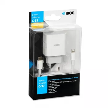 Ładowarka sieciowa USB-C Szybkie ładowanie IBOX C-37, 20 W, USB‑C PD 3.0, prąd wyjściowy 3 A, biała